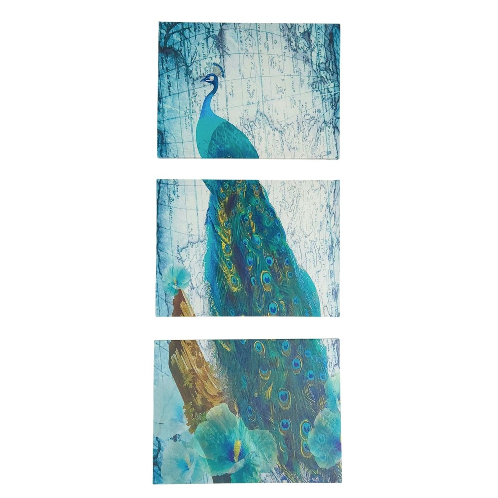 NWOT Peacock Blue & Green 3 Piece 12x16 Canvas Print Wall Art Set- Total 36x16
